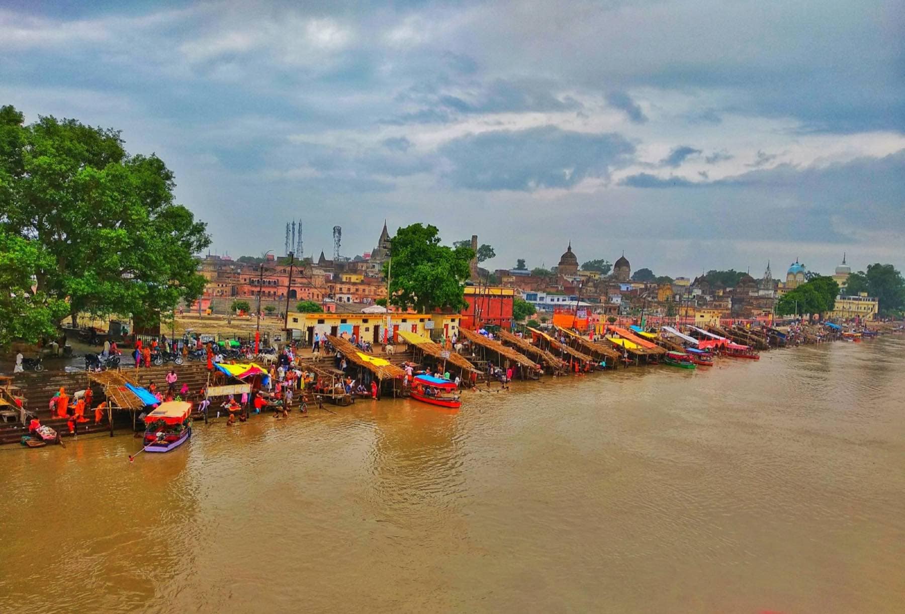A boat on the Saryu river at Ayodhya in golden light